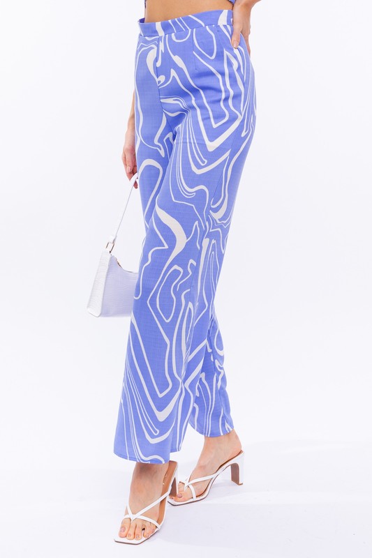 LE LIS Light Blue Straight Pants with Abstract Print