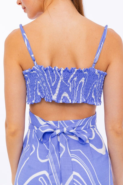 LE LIS Blue/White Abstract Surplice Crop Top with Back tie