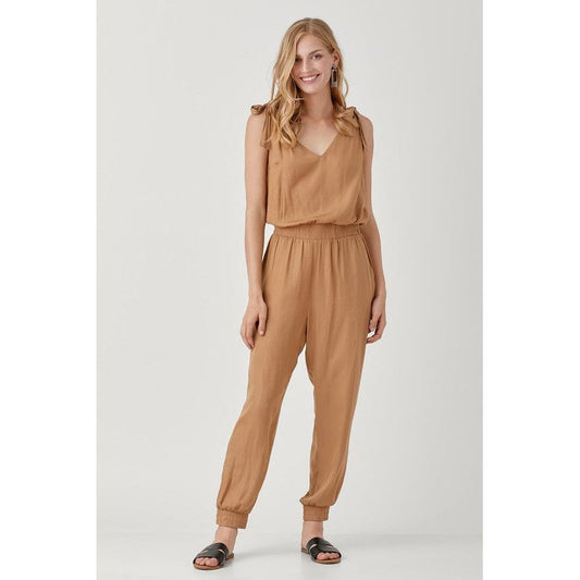 MUSTARD SEED V-neckline Smocked Waist & Tied-Shoulder Jogger Jumpsuit