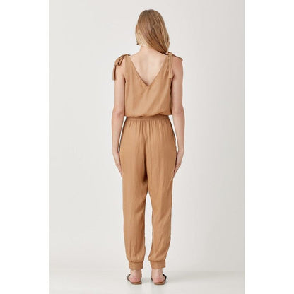 MUSTARD SEED V-neckline Smocked Waist & Tied-Shoulder Jogger Jumpsuit