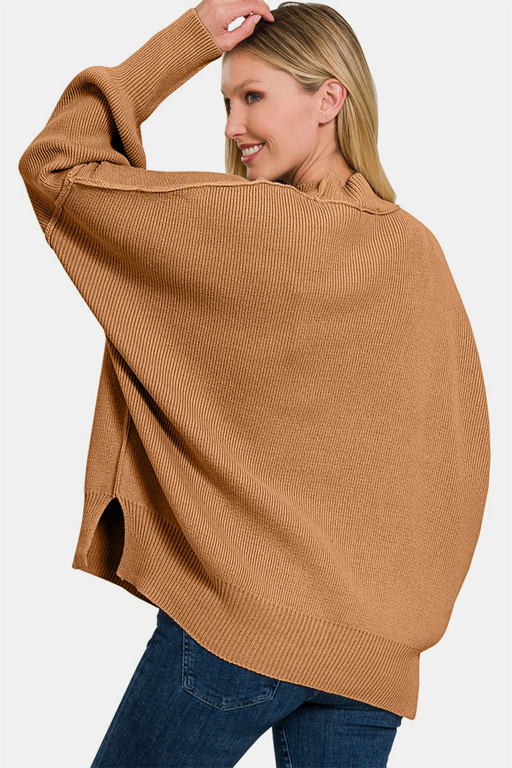 ZENANA Camel Side Sit Oversize Pullover Sweater