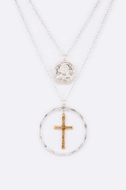 Mix Tone Cross Coin Pendant Necklace