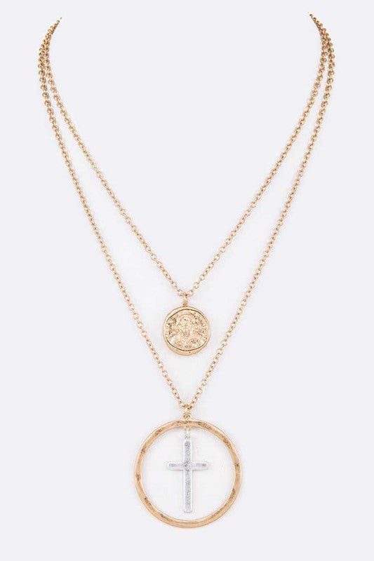 Mix Tone Cross Coin Pendant Necklace