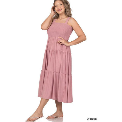 PLUS SMOCKED TIERED MIDI DRESS