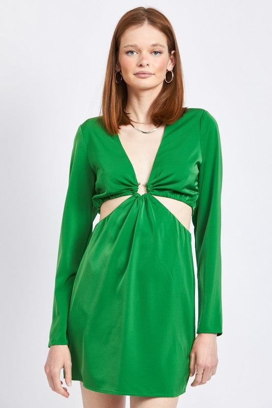 EMORY PARK Green V-neckline Cutout Long Sleeve Mini Party Dress