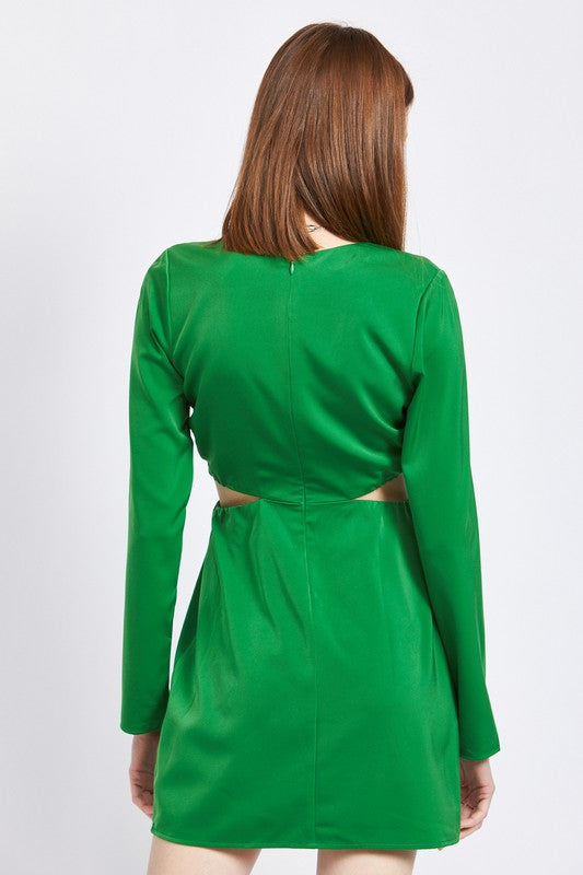 EMORY PARK Green V-neckline Cutout Long Sleeve Mini Party Dress