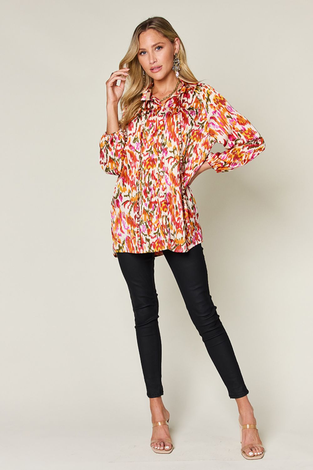 DOUBLE TAKE Full Size Printed Tied Neck Long Sleeve Blouse