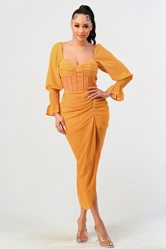 ATHINA Yellow Corset Cocktail Dress with a Front-side Split