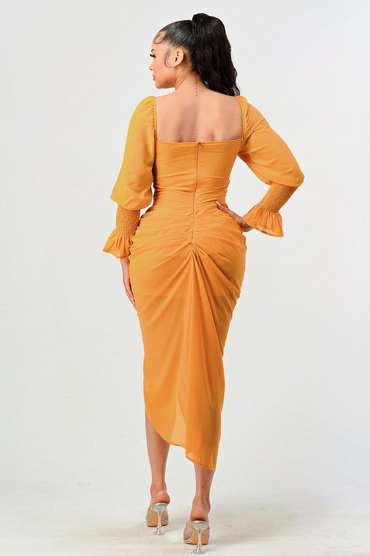 ATHINA Yellow Corset Cocktail Dress with a Front-side Split