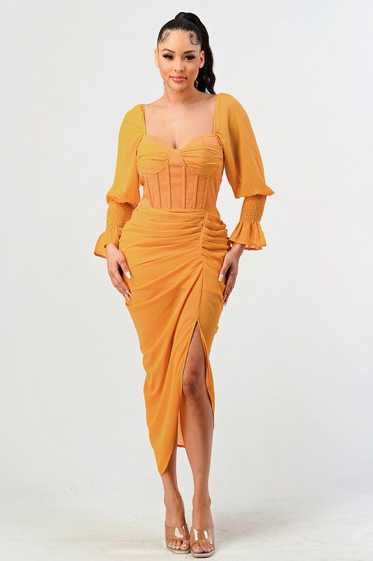 ATHINA Yellow Corset Cocktail Dress with a Front-side Split