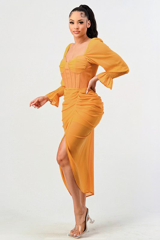 ATHINA Yellow Corset Cocktail Dress with a Front-side Split