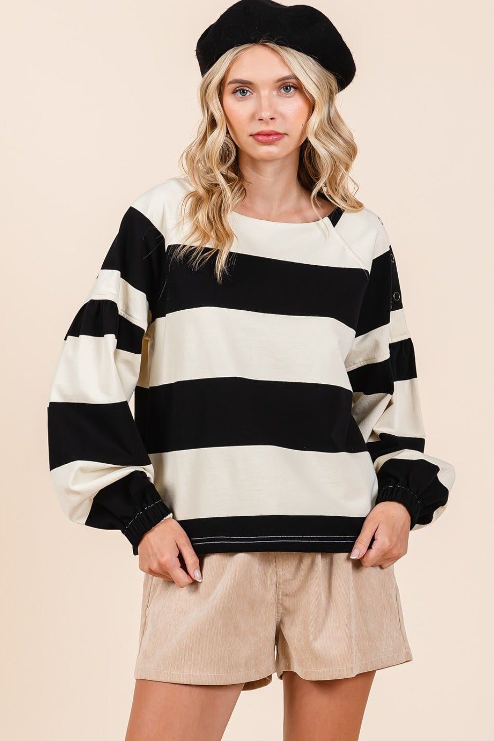 Mittoshop Black & Ivory Striped Snap Shoulder Sweater