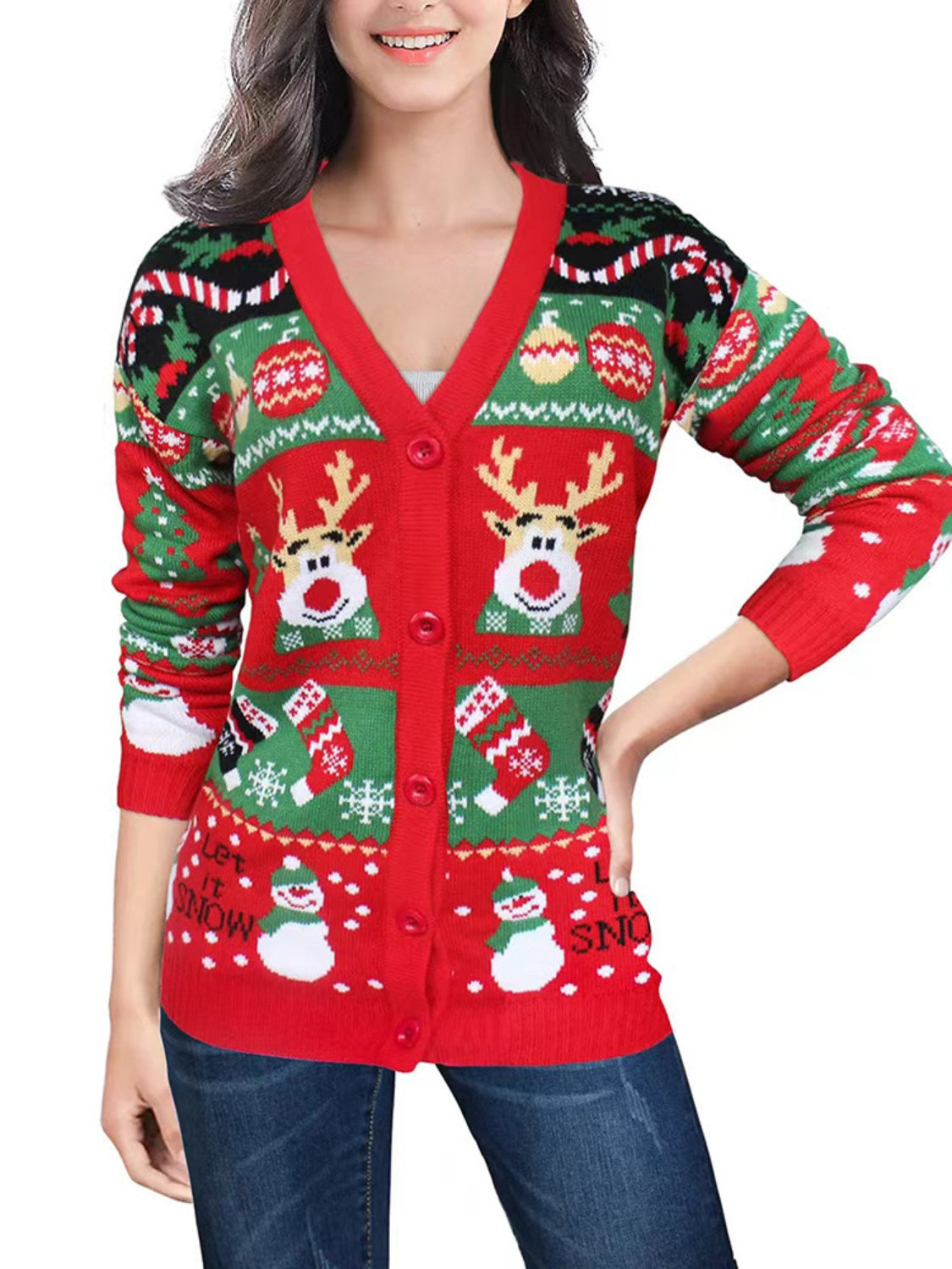 Reindeer Button Up Long Sleeve Christmas Cardigan