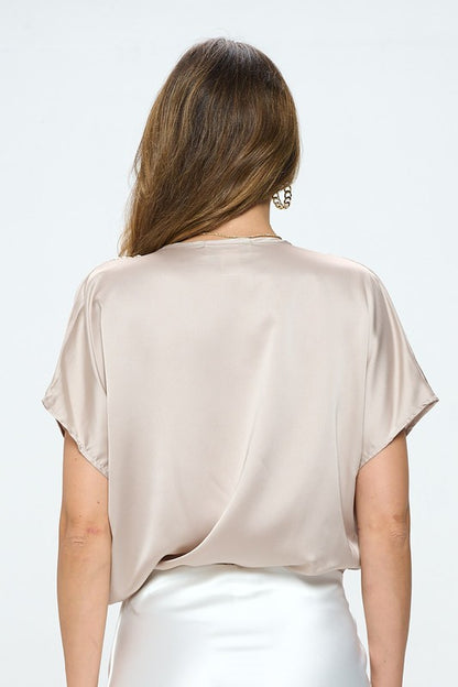 RENEE C. Satin Cowl Neck Short Sleeve Blouse