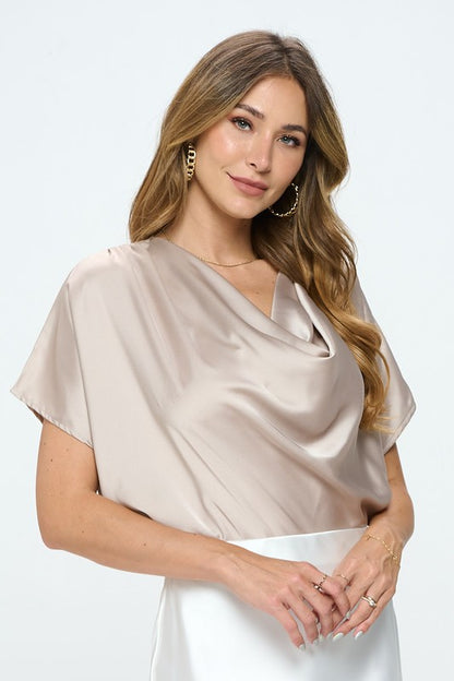 RENEE C. Satin Cowl Neck Short Sleeve Blouse