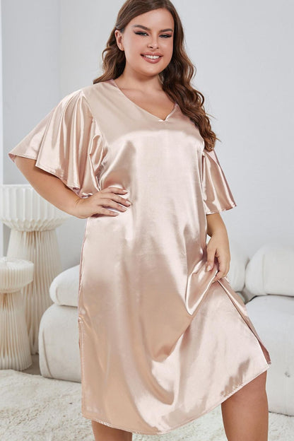 H2J Plus Size Flutter Sleeve V-Neck Side Slit Night Gown