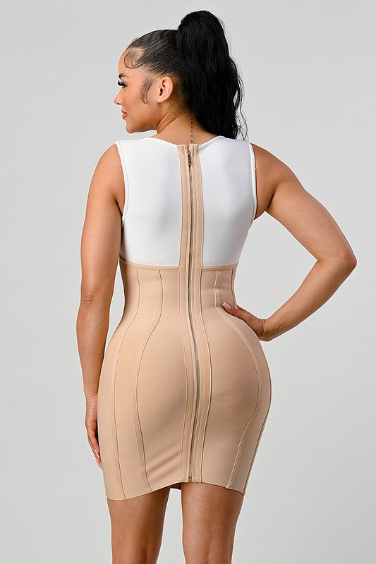 ATHINA Sexy Beaded Color Contrast Bandage Dress