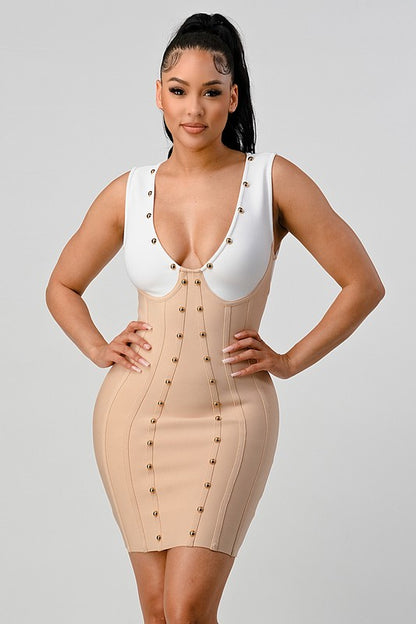 ATHINA Sexy Beaded Color Contrast Bandage Dress