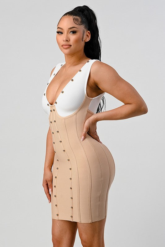 ATHINA Sexy Beaded Color Contrast Bandage Dress