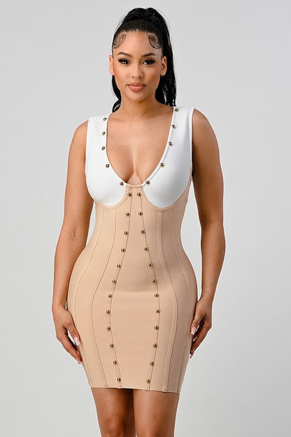 ATHINA Sexy Beaded Color Contrast Bandage Dress