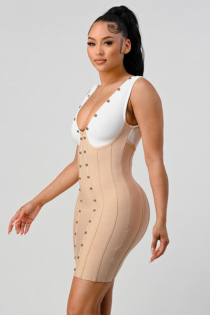 ATHINA Sexy Beaded Color Contrast Bandage Dress