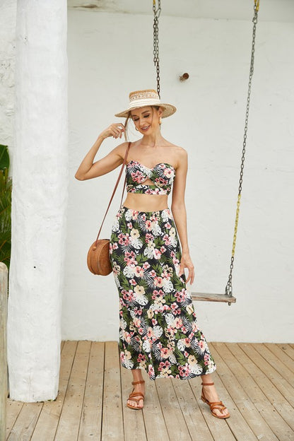 ANNVA USA's 2Pcs Floral Long Flare Skirt and Top Set