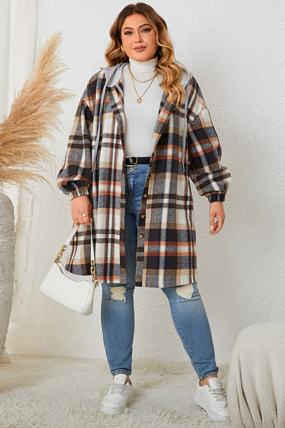 H.S. Plus Size Plaid Drop Shoulder Hooded Coat