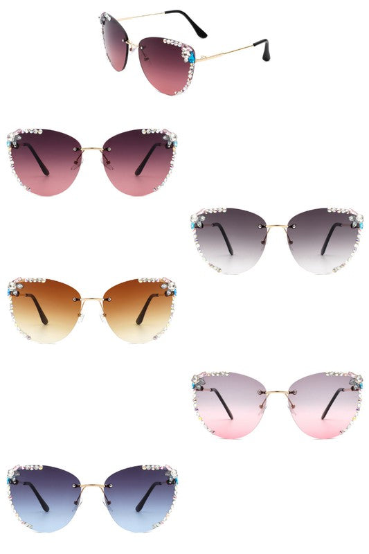 CRAMILO Rimless Rhinestone Fashion Cat Eye Sunglasses