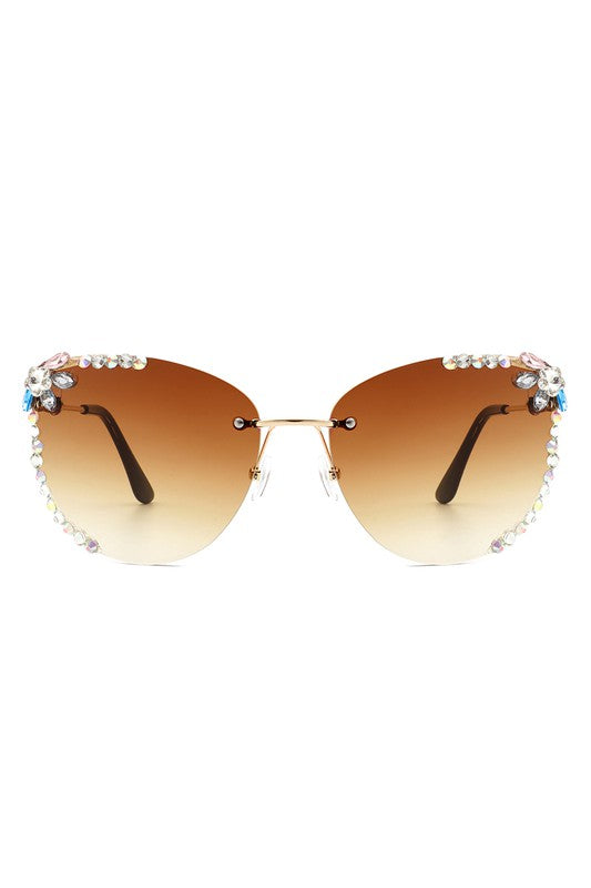 CRAMILO Rimless Rhinestone Fashion Cat Eye Sunglasses