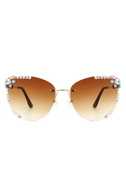 CRAMILO Rimless Rhinestone Fashion Cat Eye Sunglasses