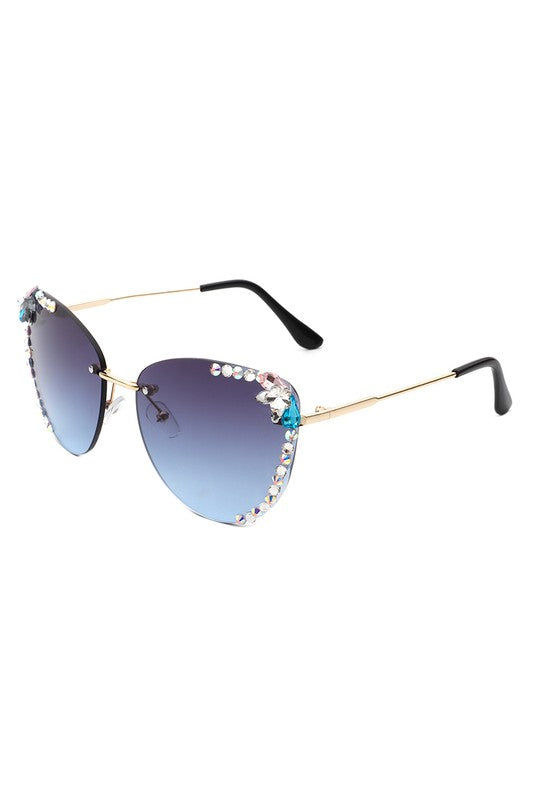 CRAMILO Rimless Rhinestone Fashion Cat Eye Sunglasses