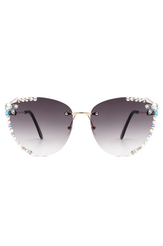 CRAMILO Rimless Rhinestone Fashion Cat Eye Sunglasses