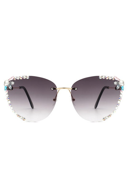 CRAMILO Rimless Rhinestone Fashion Cat Eye Sunglasses