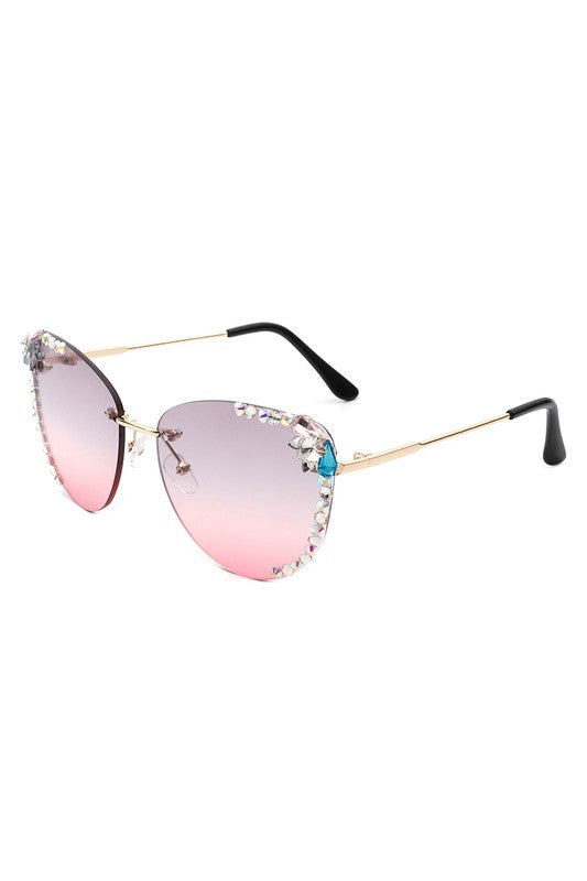 CRAMILO Rimless Rhinestone Fashion Cat Eye Sunglasses