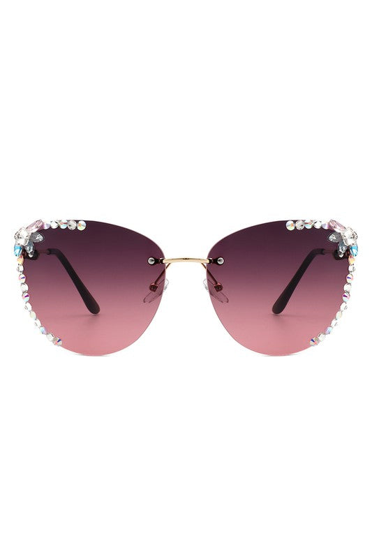 CRAMILO Rimless Rhinestone Fashion Cat Eye Sunglasses