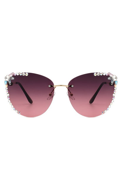 CRAMILO Rimless Rhinestone Fashion Cat Eye Sunglasses