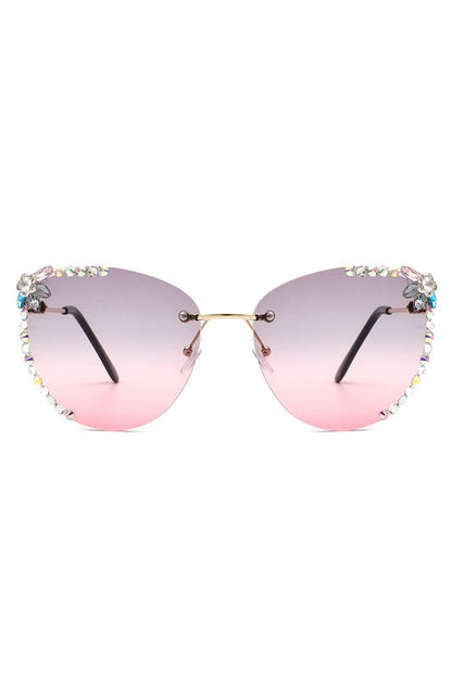 CRAMILO Rimless Rhinestone Fashion Cat Eye Sunglasses