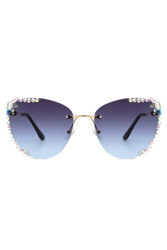 CRAMILO Rimless Rhinestone Fashion Cat Eye Sunglasses