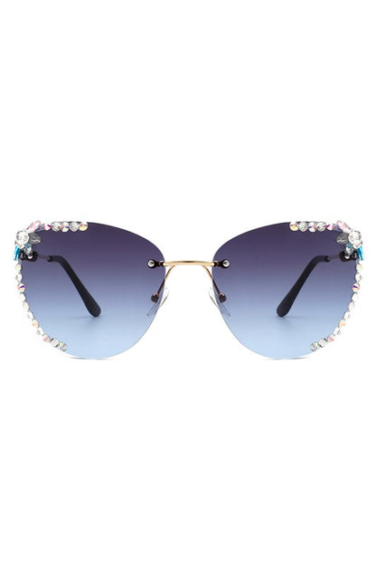 CRAMILO Rimless Rhinestone Fashion Cat Eye Sunglasses