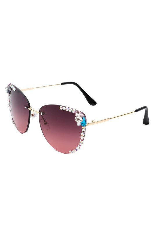 CRAMILO Rimless Rhinestone Fashion Cat Eye Sunglasses