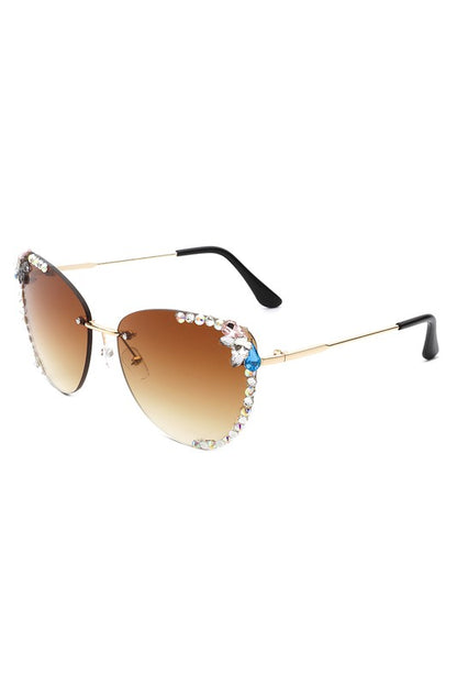 CRAMILO Rimless Rhinestone Fashion Cat Eye Sunglasses