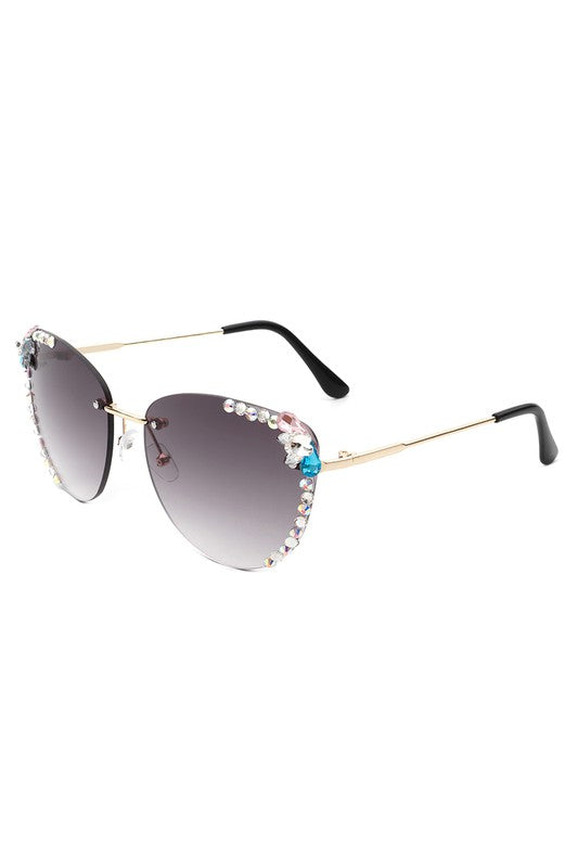 CRAMILO Rimless Rhinestone Fashion Cat Eye Sunglasses