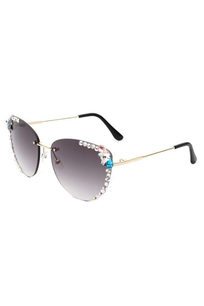 CRAMILO Rimless Rhinestone Fashion Cat Eye Sunglasses