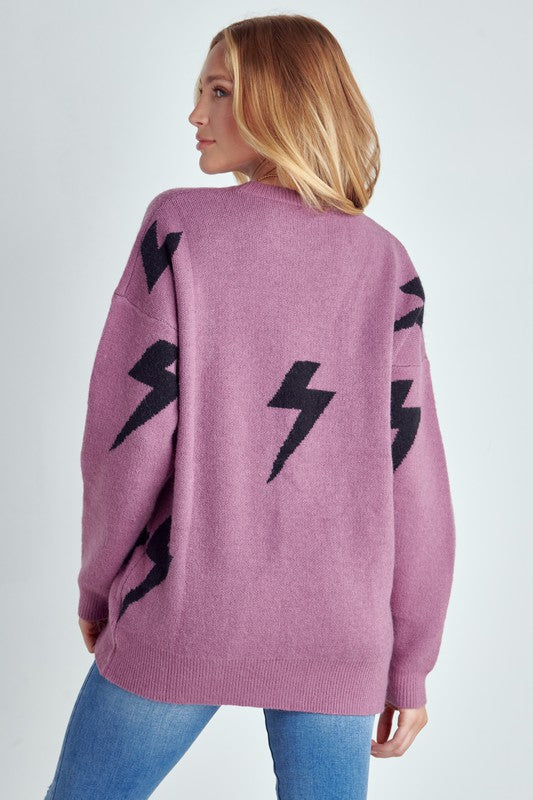 JADE BY JANE Women's Long Sleeves Crew Neck Sweater with Lightning Bolt Print