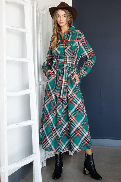 JADE BY JANE Red Plaid Midi Belted Shirt Dress