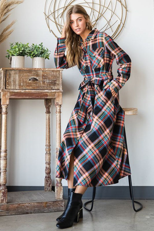 JADE BY JANE Red Plaid Midi Belted Shirt Dress