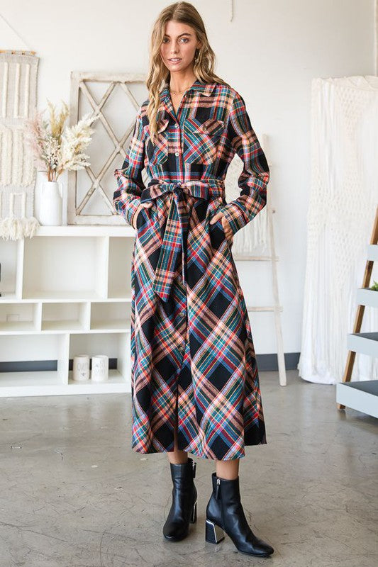 JADE BY JANE Red Plaid Midi Belted Shirt Dress