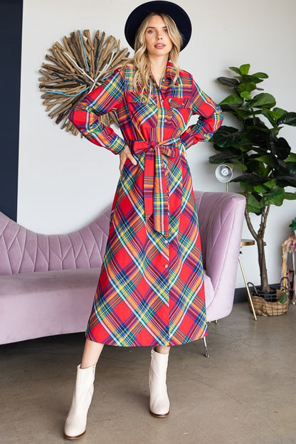 JADE BY JANE Red Plaid Midi Belted Shirt Dress