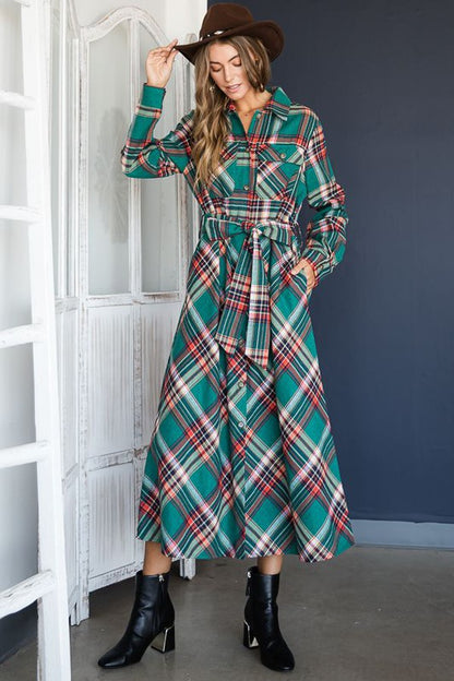 JADE BY JANE Red Plaid Midi Belted Shirt Dress