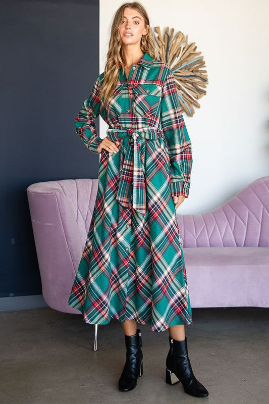 JADE BY JANE Red Plaid Midi Belted Shirt Dress